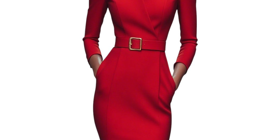 Marina | Refined black dress with belt and mandarin collar
