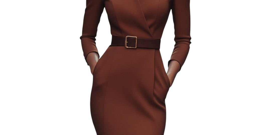 Marina | Refined black dress with belt and mandarin collar
