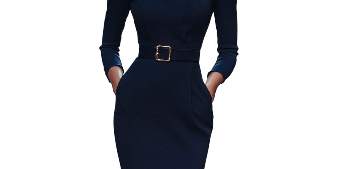 Marina | Refined black dress with belt and mandarin collar