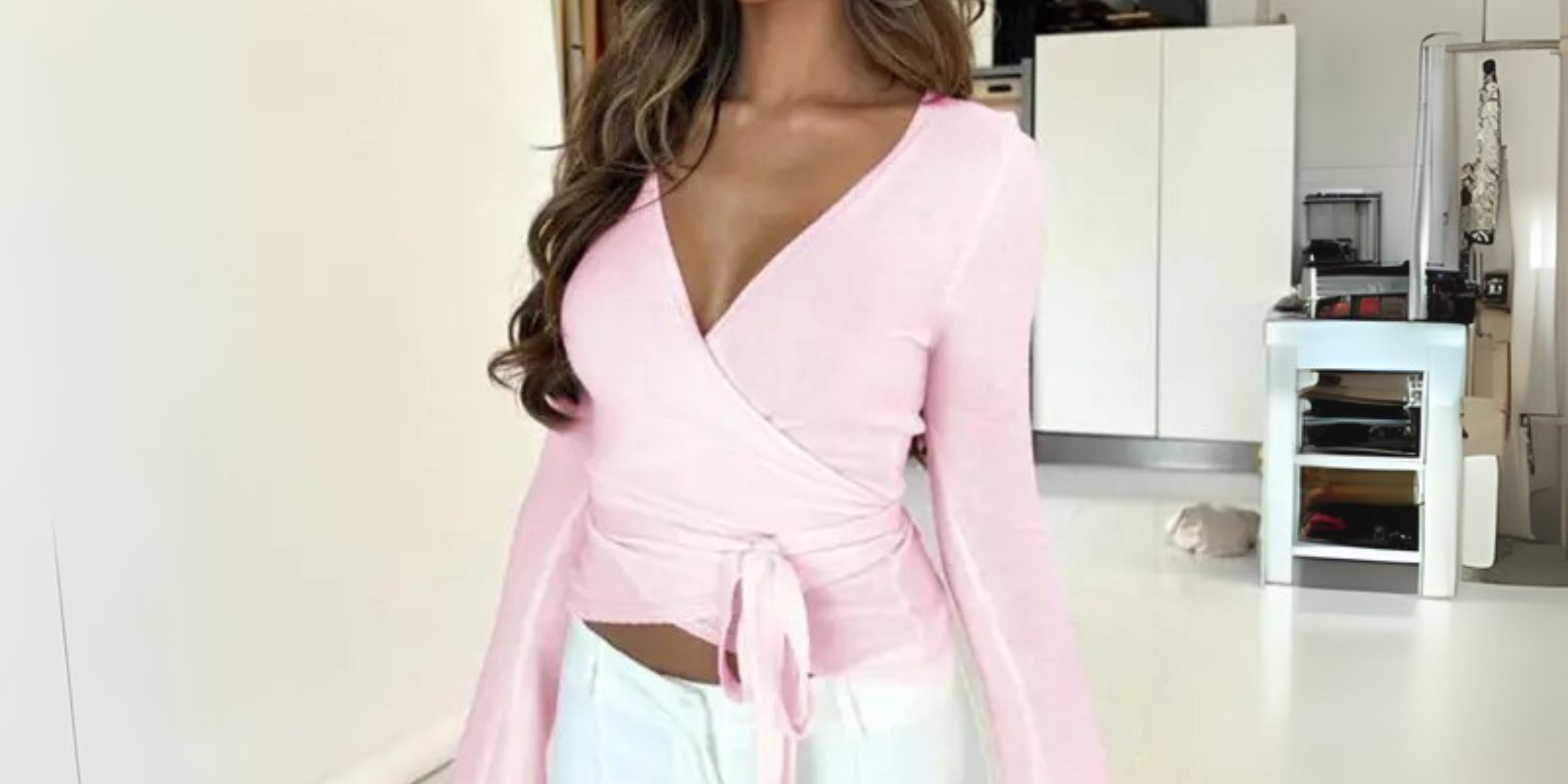 SALAMIN™ - Chic Plain V-Neck Long Sleeve Wrap Top