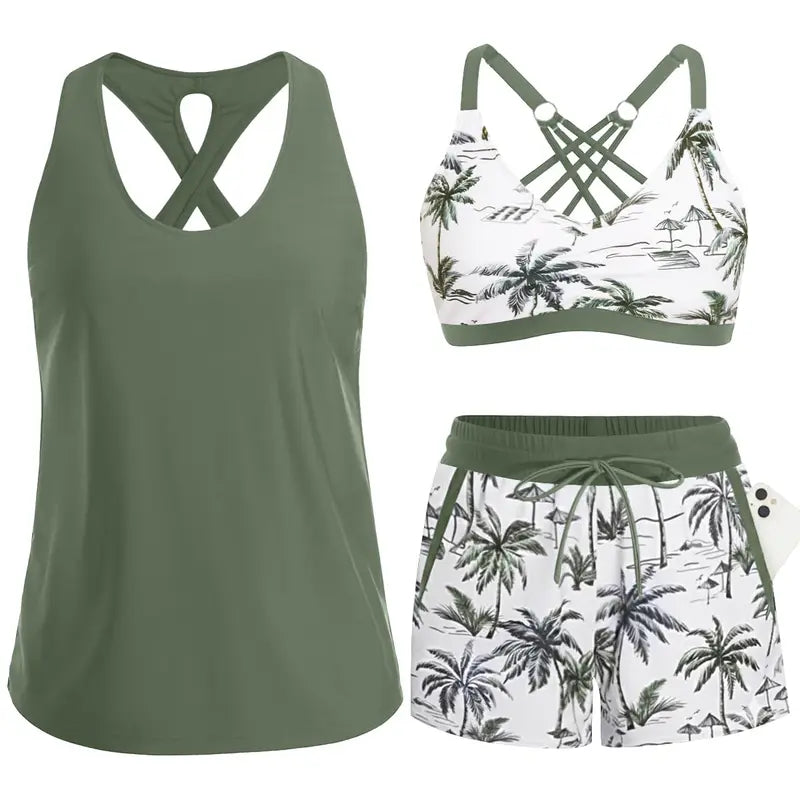 HONORIA | SPORTY THREE-PIECE TANKINI SET WITH POCKETS