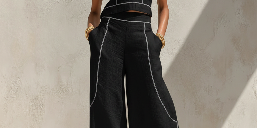 Linen-Blend Contrast-Stitched Pants Set