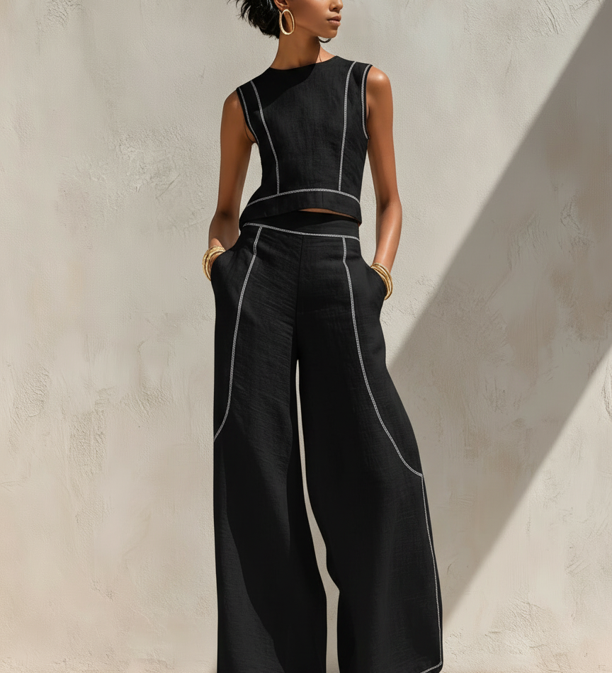 Linen-Blend Contrast-Stitched Pants Set
