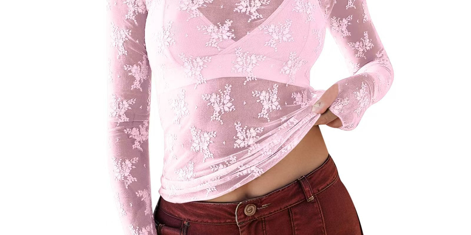 NOVY™ - Lace Mesh Long Sleeve Fitted Blouse