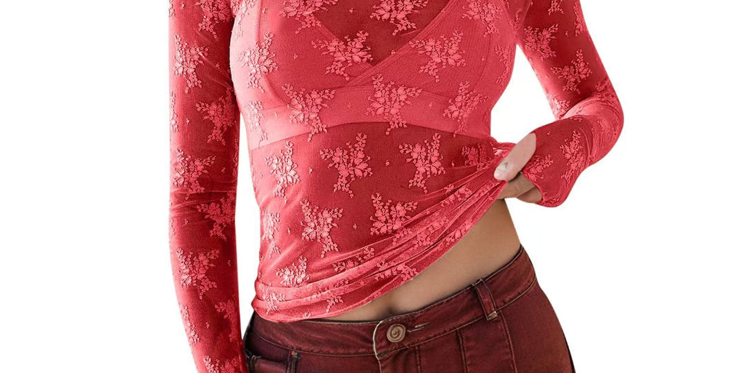 NOVY™ - Lace Mesh Long Sleeve Fitted Blouse