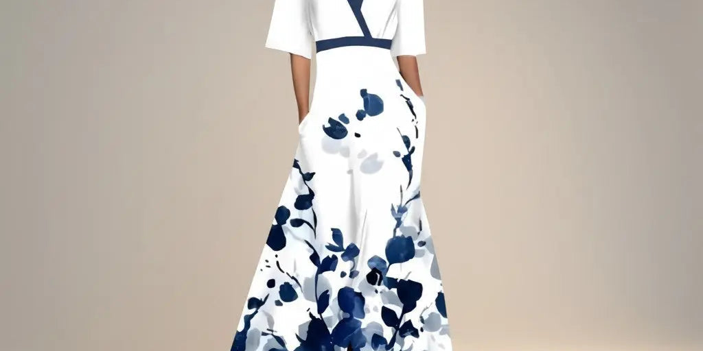 Marina - Long Dress with Elegant V Neck Print