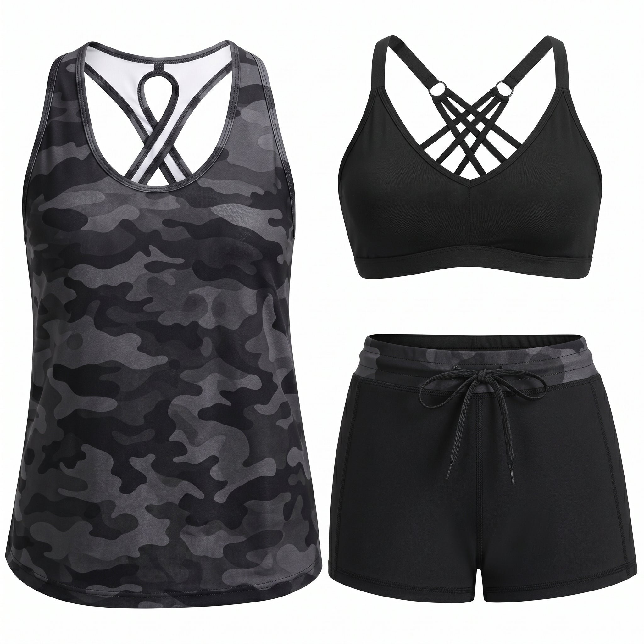 HONORIA | SPORTY THREE-PIECE TANKINI SET WITH POCKETS