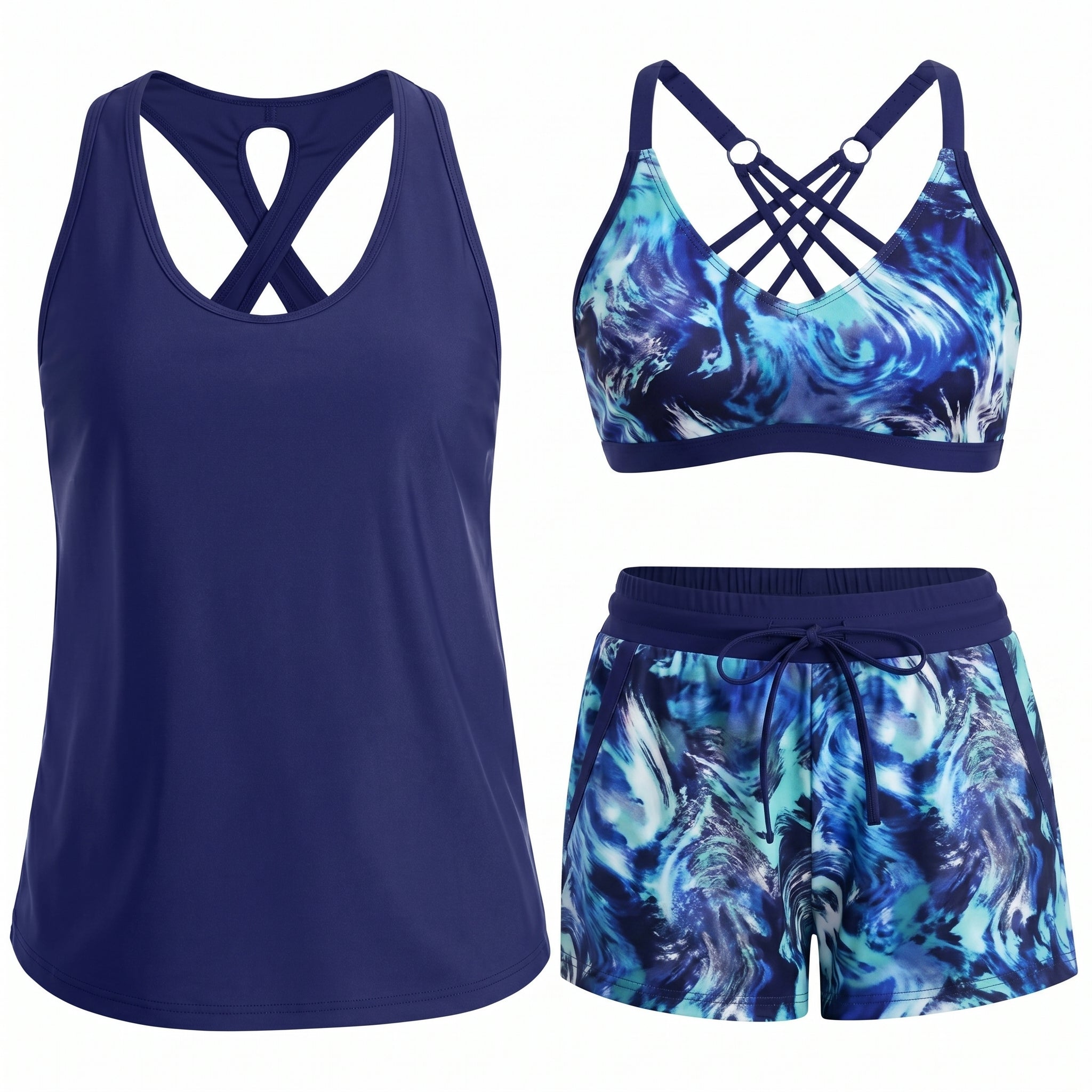 HONORIA | SPORTY THREE-PIECE TANKINI SET WITH POCKETS
