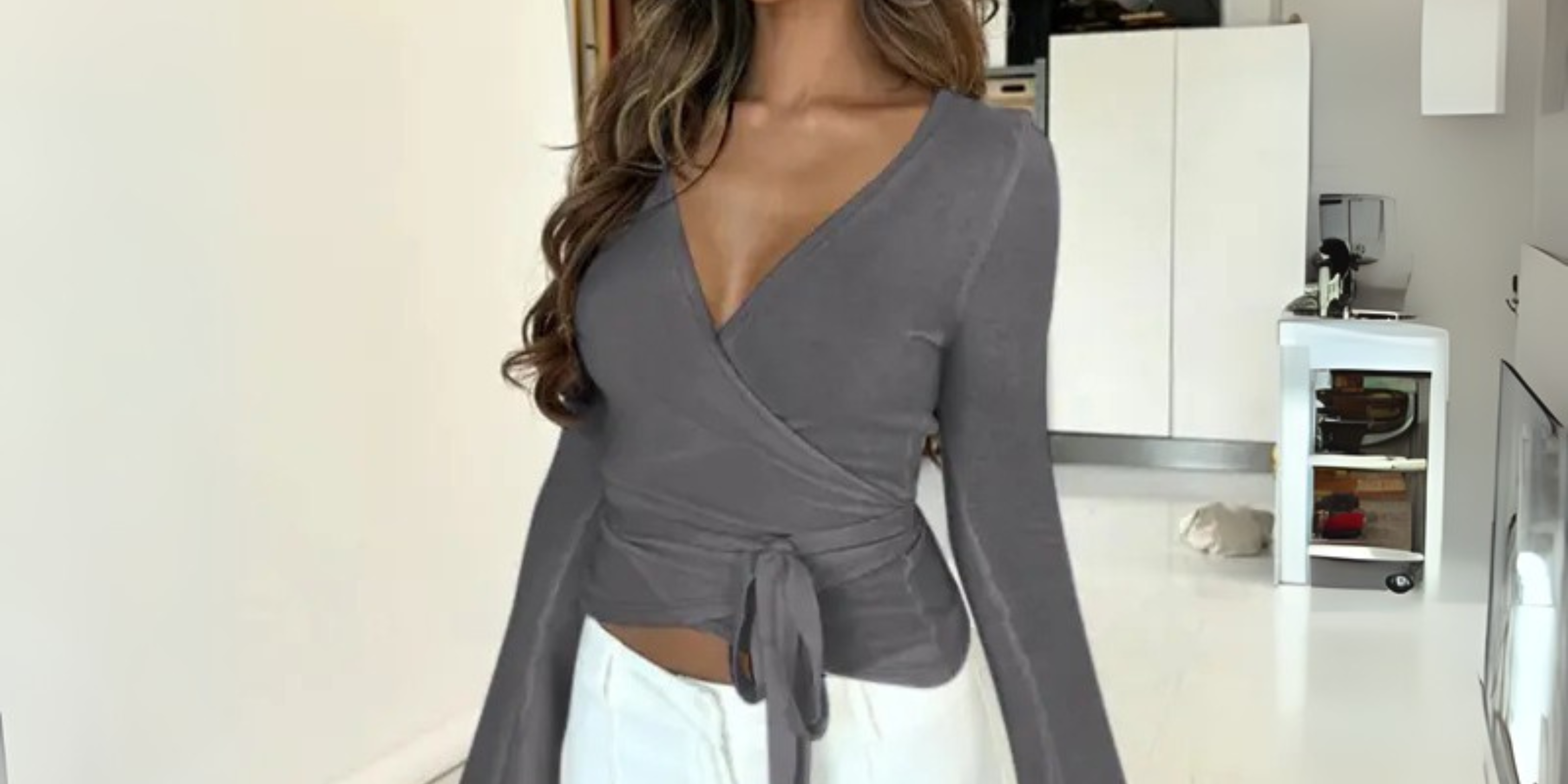 SALAMIN™ - Chic Plain V-Neck Long Sleeve Wrap Top