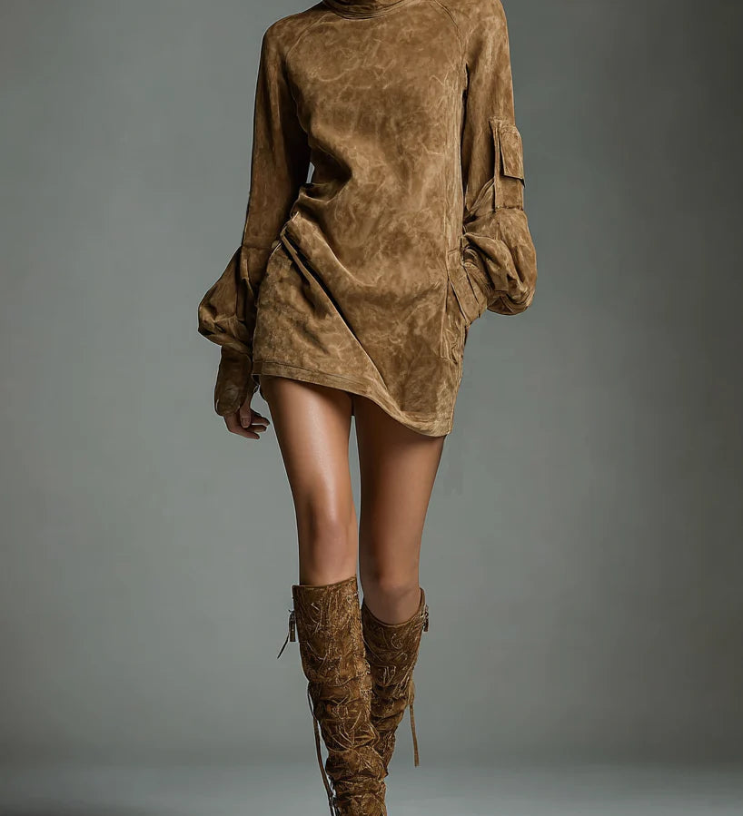 Livia ❘ Oversized Mini Suede Dress with High Neck
