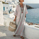 "Rose" Caftan Dress with Pastel Stripes and Linen Look